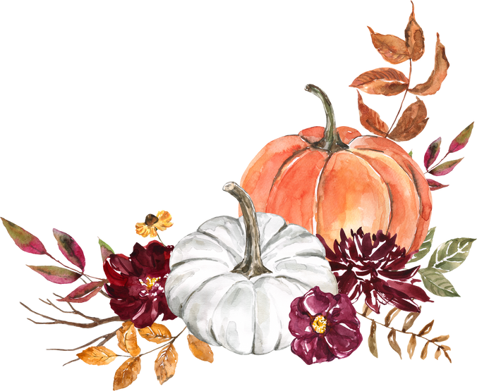 Watercolor fall floral wreath with leaves and pumpkins